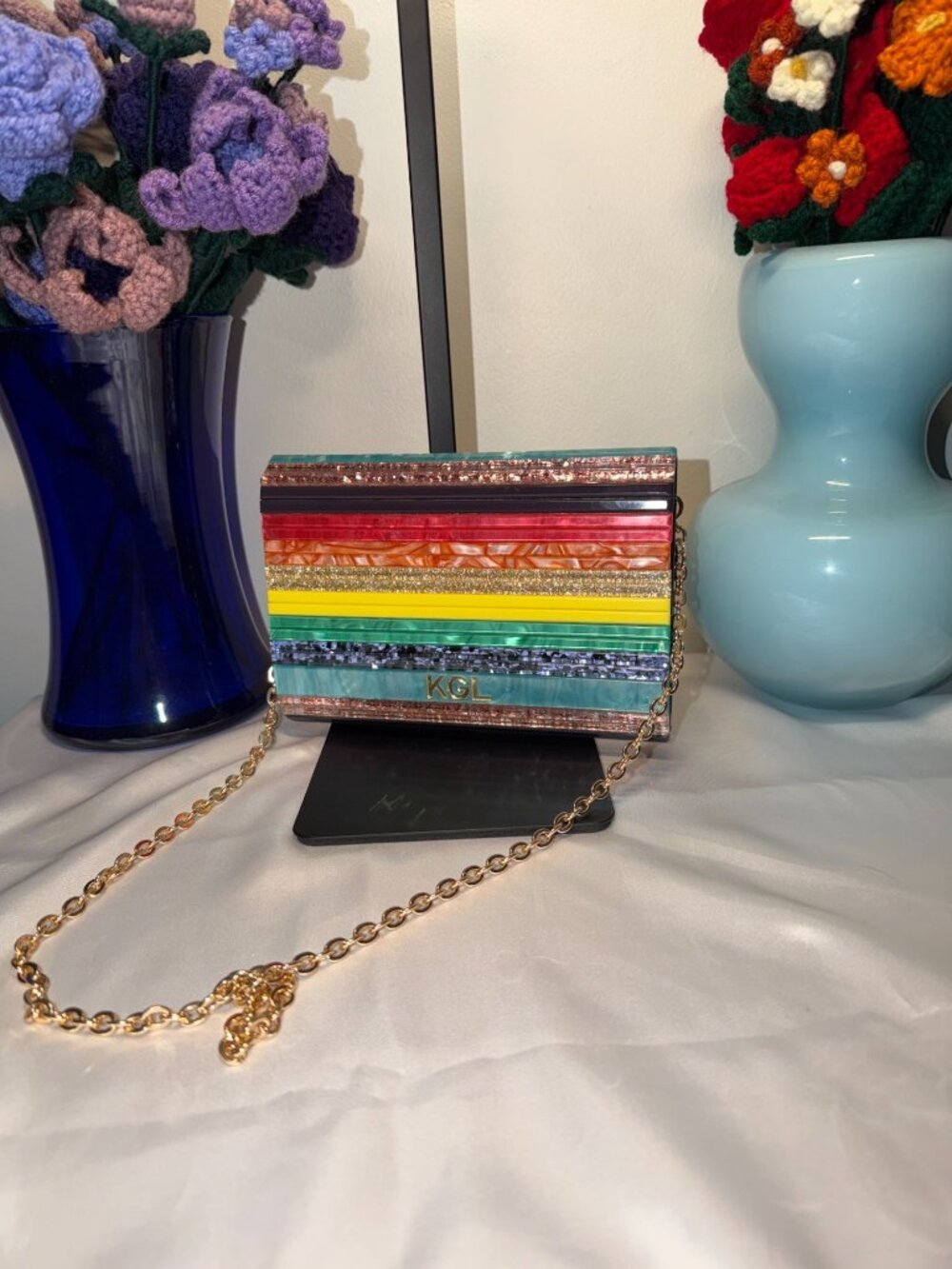 Kurt Geiger Rainbow Acrylic Clutch Purse With Gold Chain Strap Like New